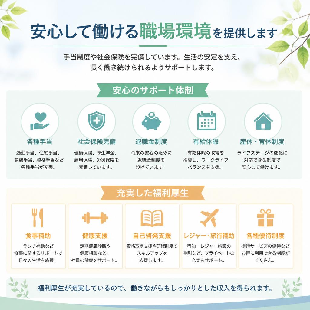 充実した手当と社保完備の福利厚生